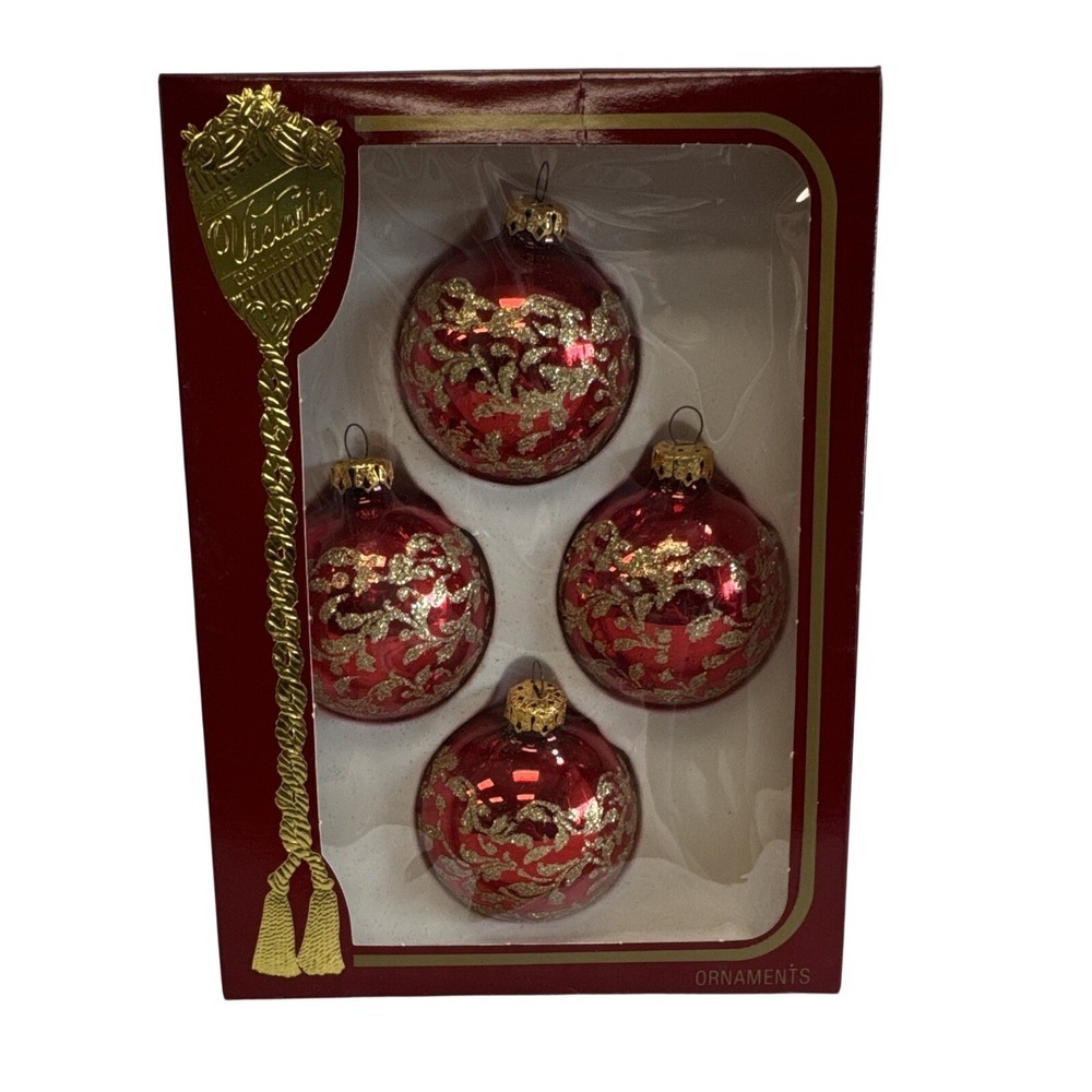The Victorian Collection Red Glass Christmas Ball Ornament Gold Glitter Set of 4